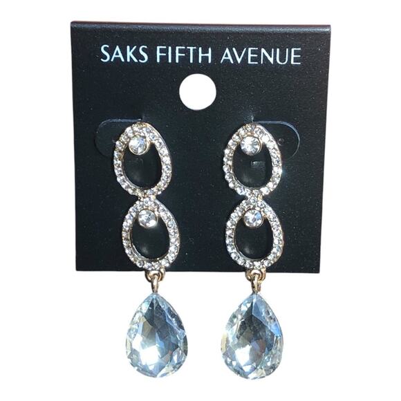 Saks Fifth Avenue NWT Gold Tone Shiny Rhinestones Triple Teardrop Earrings - Picture 2 of 10